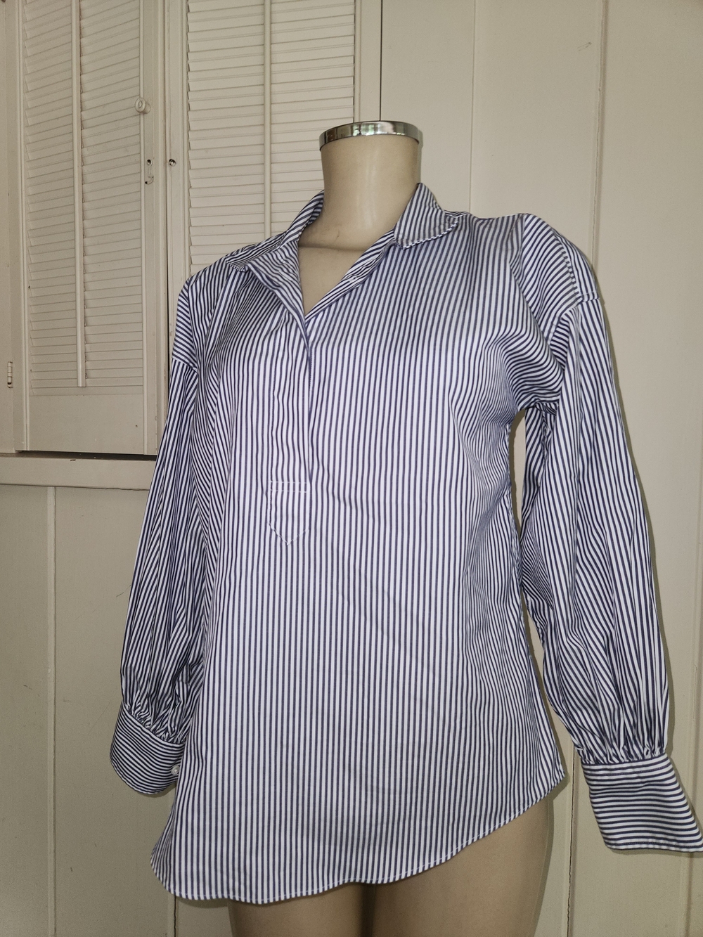 ANN MASHBURN Blue and White Striped Popover Blouse
